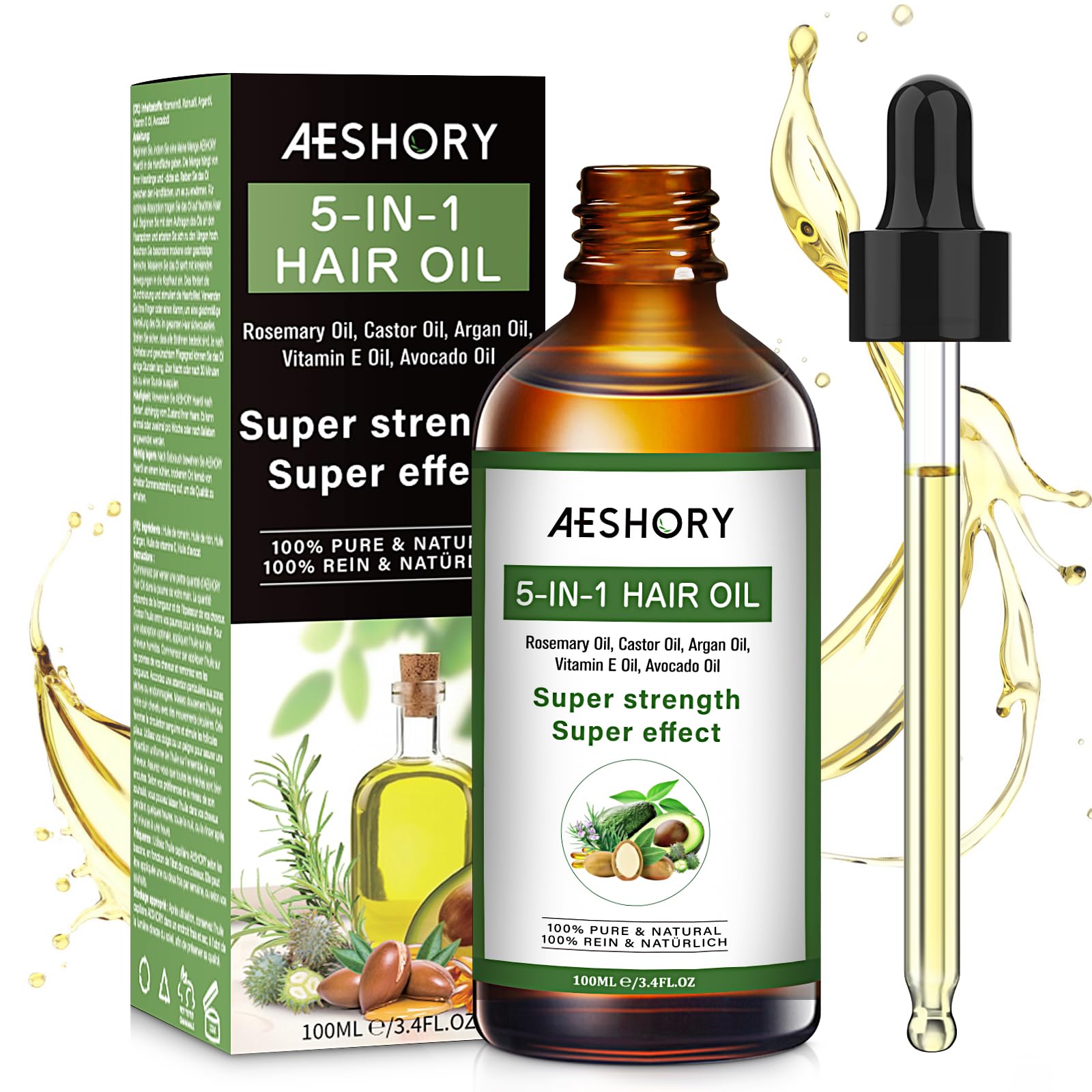 Aeshory Hair Oil - 5 IN 1 Hair Care Oil with Rosemary, Castor, Argan, Vitamin E, and Avocado for Hair Growth and Strengthening - Nourishing and Volumizing 3.38 fl oz