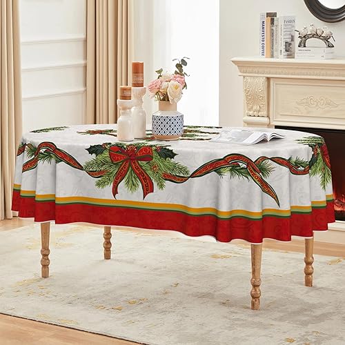 Miniatura 9 de Horaldaily Mantel navideño de 60 x 84 pulgadas, diseño de flor de pascua con cinta dorada lavable, para decoración de fiestas, pícnic, cenas