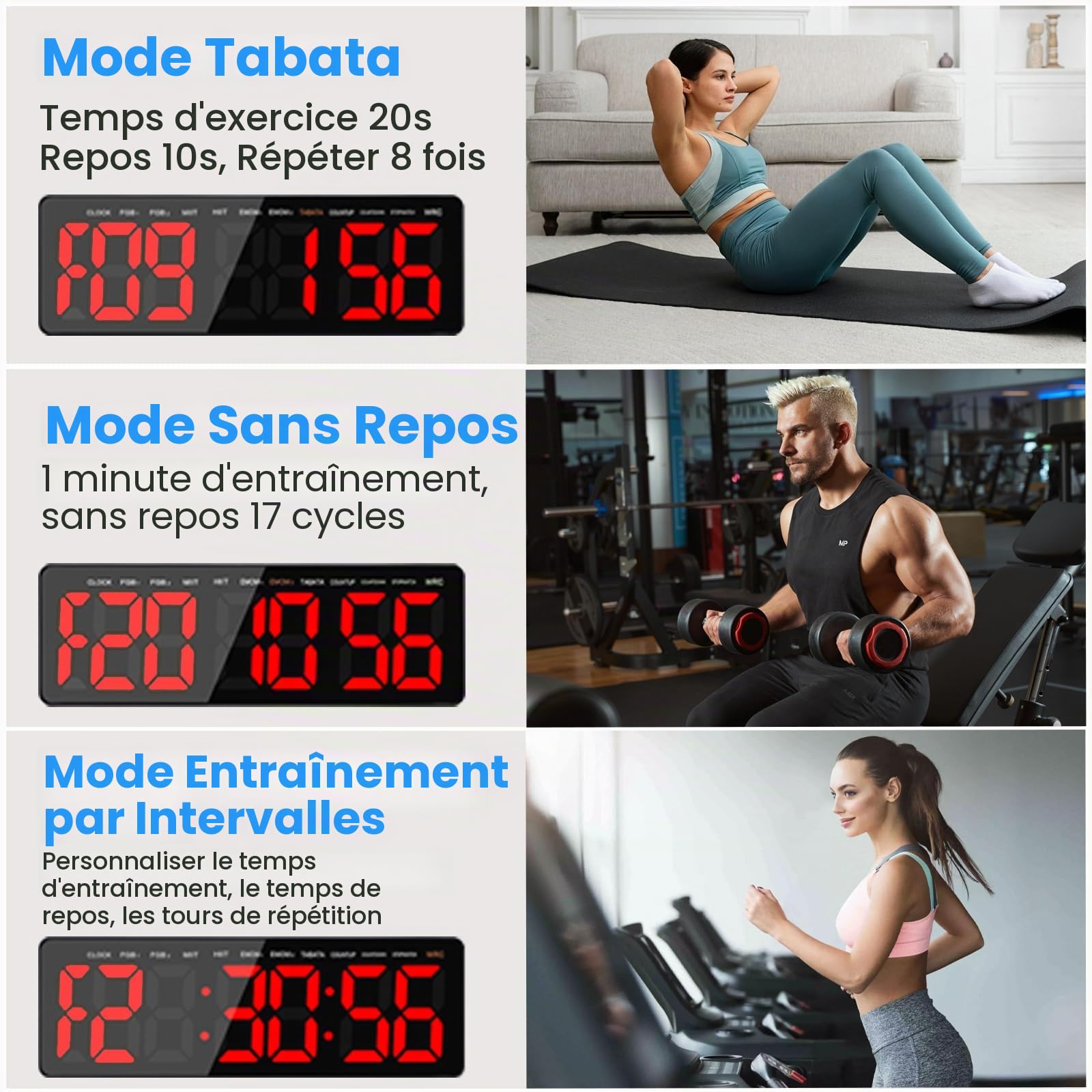 Timer Sport Minuteur Fitness avec Countdown/Countup/Chronomètre/Horloge Numérique,13.2” Gym Timer avec Télécommande pour Intervalles Boxe Tabata EMOM HIIT,3 Niveaux de Volume&Luminosité