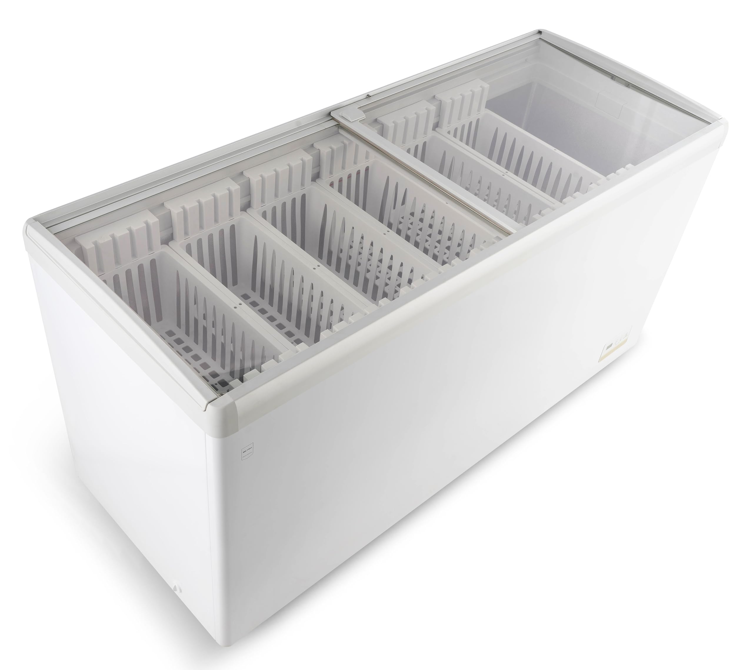 METRO Professional Tiefkühlvitrine GICC1466, 447 L, Tiefkühltruhe mit Glasschiebetür, 7 Ablagekörbe, Türschloss, Temperaturalarm, Rollen, Weiß