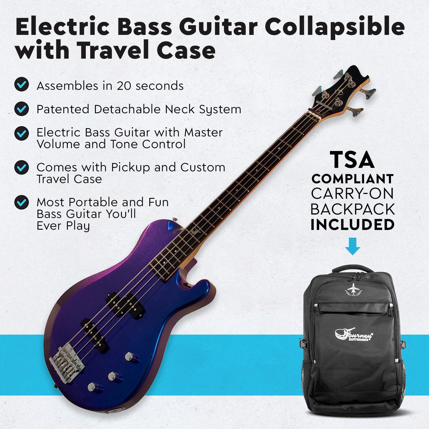 Journey Instruments Electric Travel Guitar – OEB990BP Overhead Traveling Electric Bass Guitar with Collapsible Patented System – Portable Backpack Case (Blue Purple)