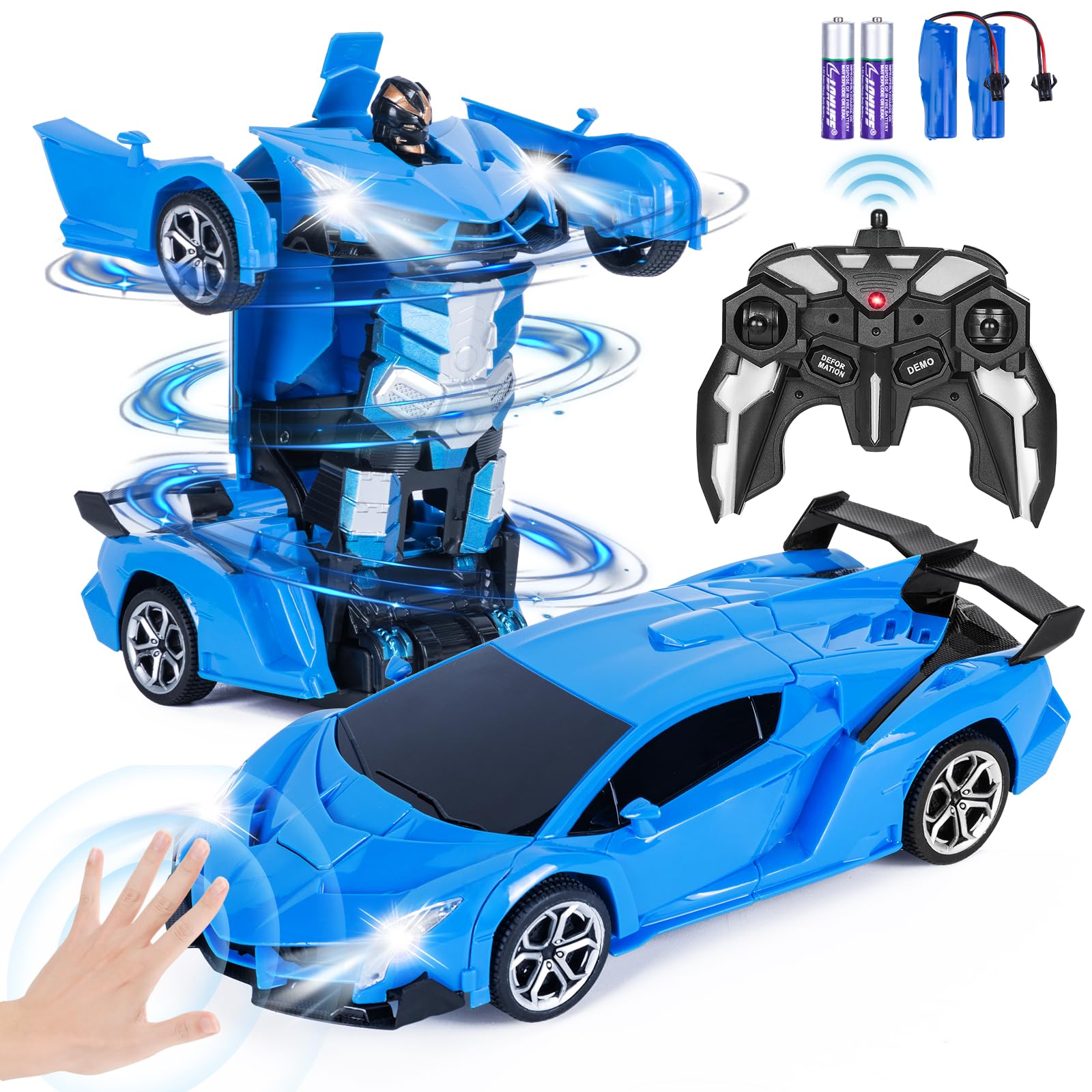 Highttoy Coche Teledirigido Niños, Coche Robot Teledirigido con Detección Gestos, Luz y Música Transformador Coche RC Rotación Volteo de 360° Robot Juguetes Niños 3 4 5 6 7 8 Años Regalo Niño Azul