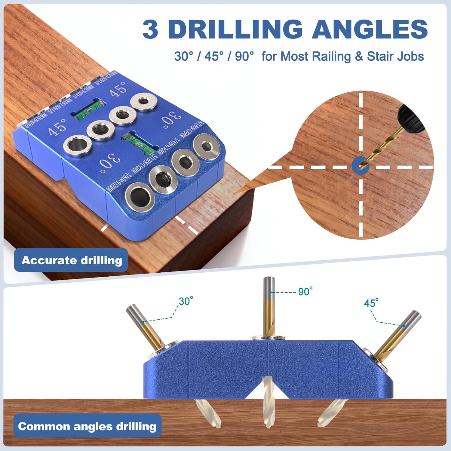 All-Metal Angle Drill Guide Jig Kit (30/45/90) - Portable Doweling Jig with 4 Sizes HSS Bits for Cable Railing, Deck Stair Handrails & 4x4 Wood Posts - Precision Aluminum Drilling Template