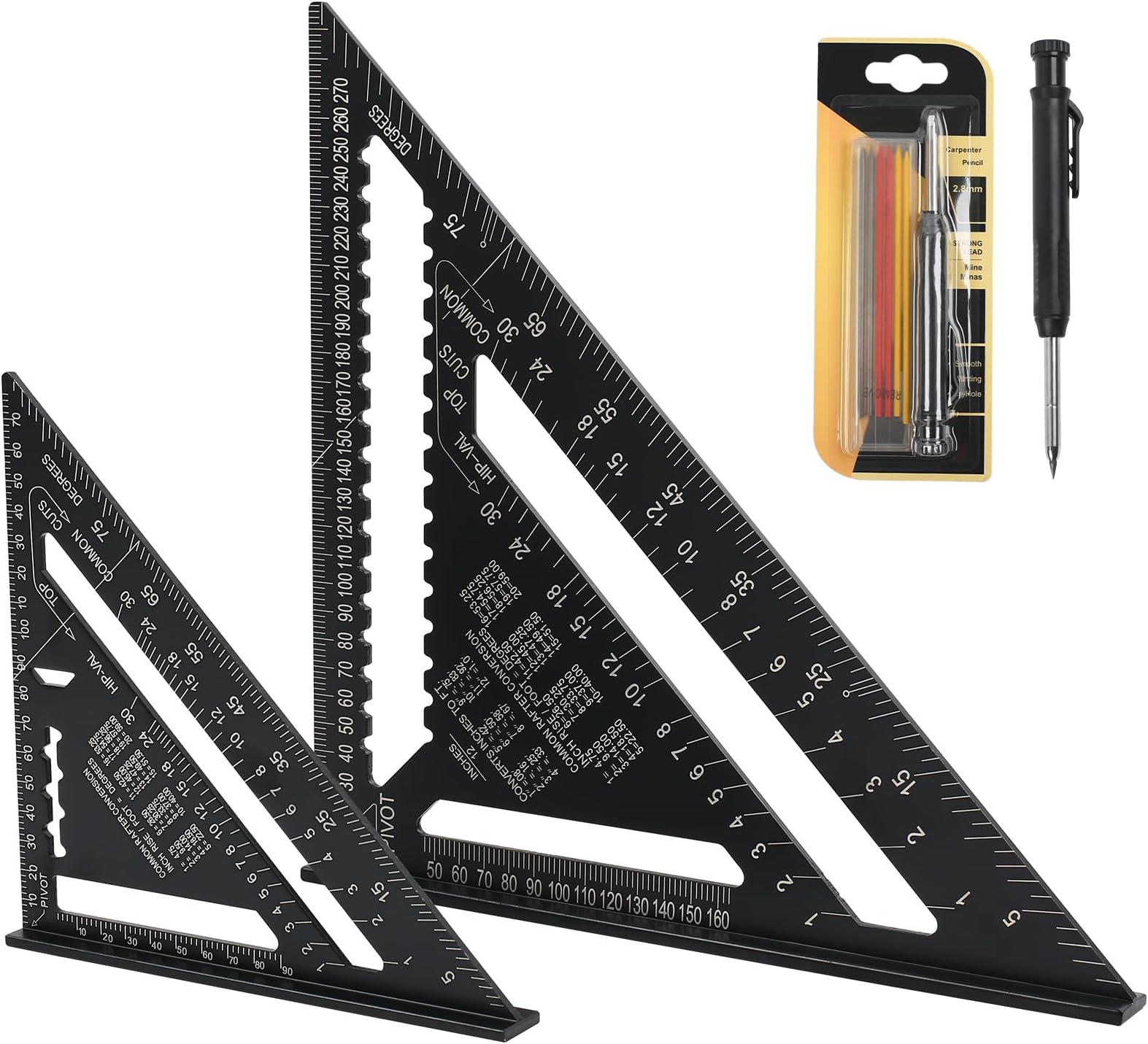 MaxEarnSet of 2 Metric Triangle Rulers 18 cm and 30 cm with Carpenter's Pencil and 6 Pencil Leads, Aluminium Alloy Multifunctional Carpenter's Square, Layout Measuring Tool for Woodworking