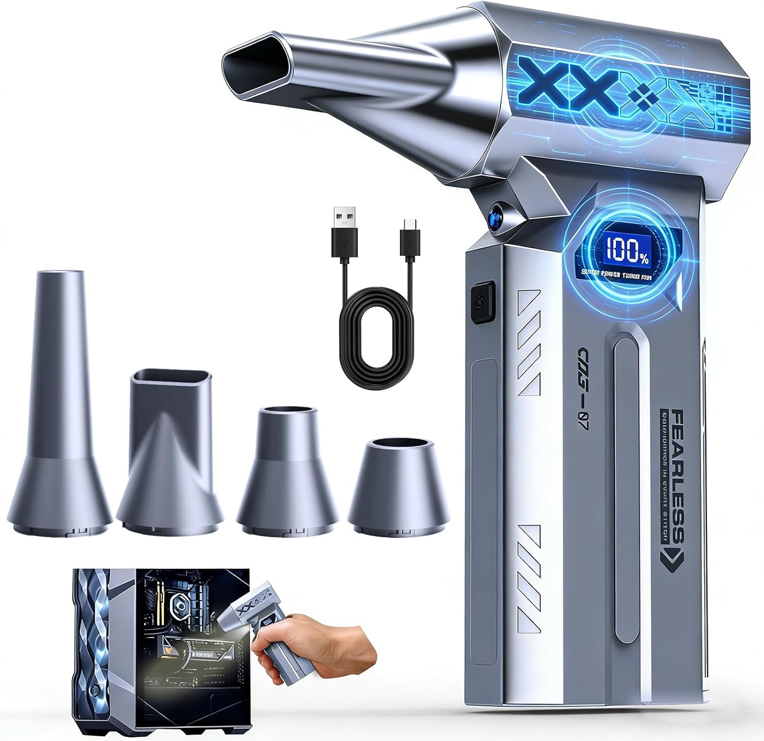 Compressed Air Duster Cordless, 4 Gear Adjustable Brushless Motor 150000RPM Electric Air Duster, Rechargeable with LED Display & Light, Mini Dust Blower for Computer, PC, Keyboard, Outdoor, House, Car