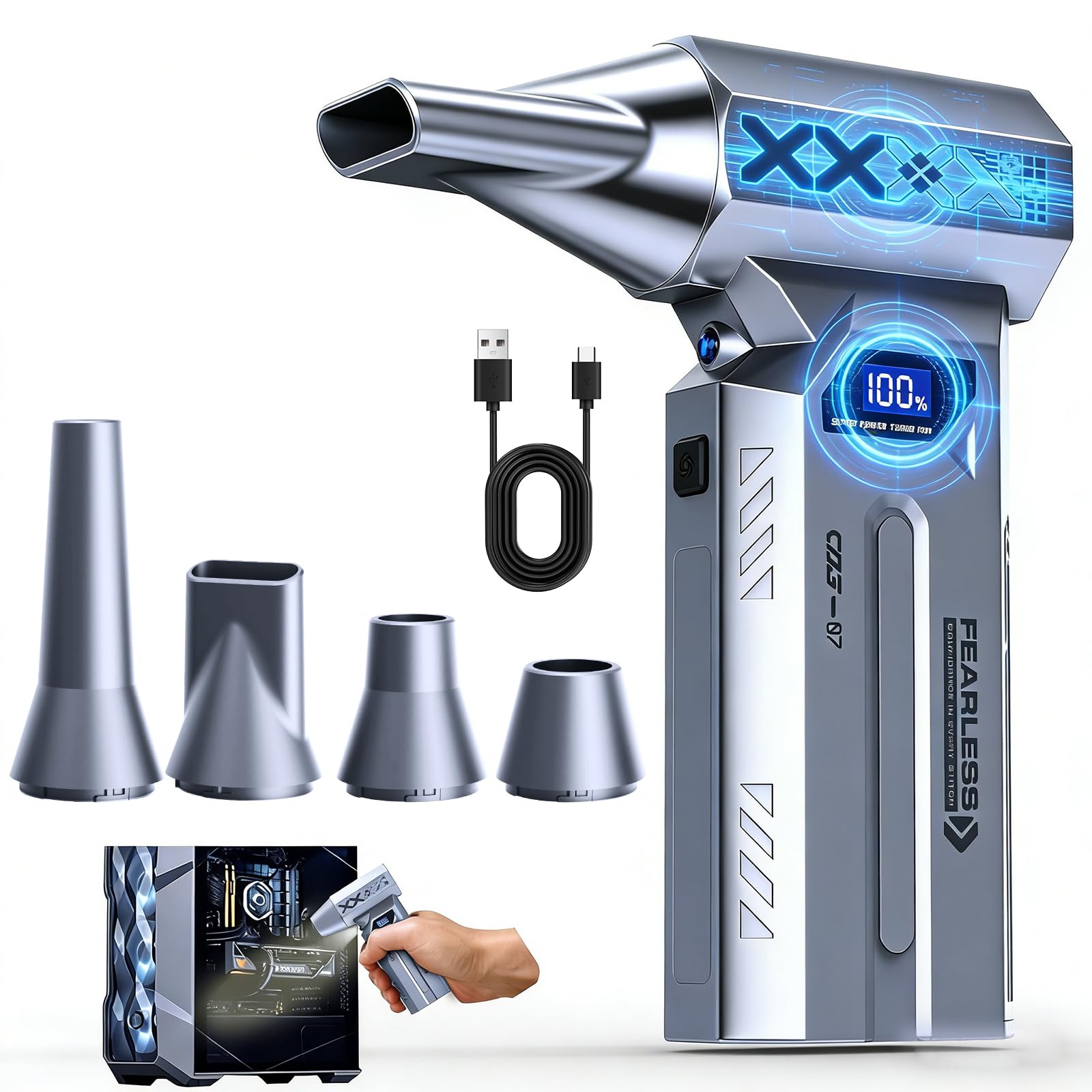 Compressed Air Duster Cordless, 4 Gear Adjustable Brushless Motor 150000RPM Electric Air Duster, Rechargeable with LED Display & Light, Mini Dust Blower for Computer, PC, Keyboard, Outdoor, House, Car