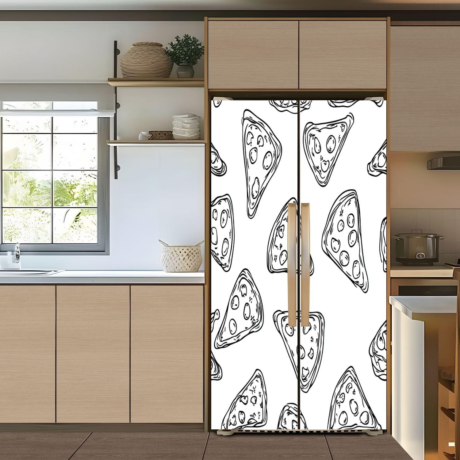 Self Adhesive Vinyl Refrigerator Wrap Set Seamless Pizza Pattern Drawn Pizza Doodle Pizza Door Mural Removable Fridge Sticker Peel and Stick Decal Rustic Kitchen Decor