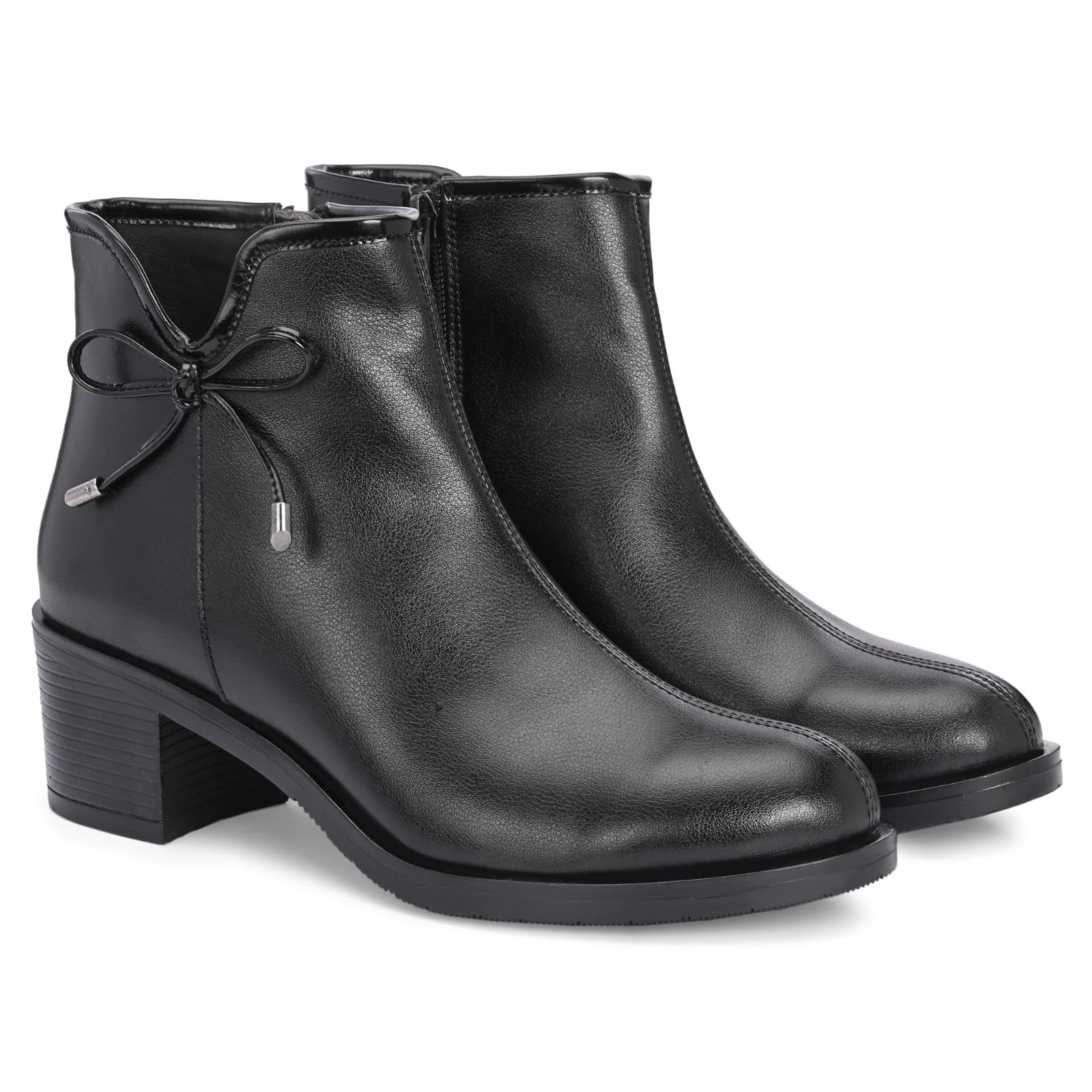 Women's Stylish Black Ankle Boots | Mid Block Heel Faux Leather Booties with Side Zip & Bow Accent | Comfortable Short Boots for Daily Wear-image-6