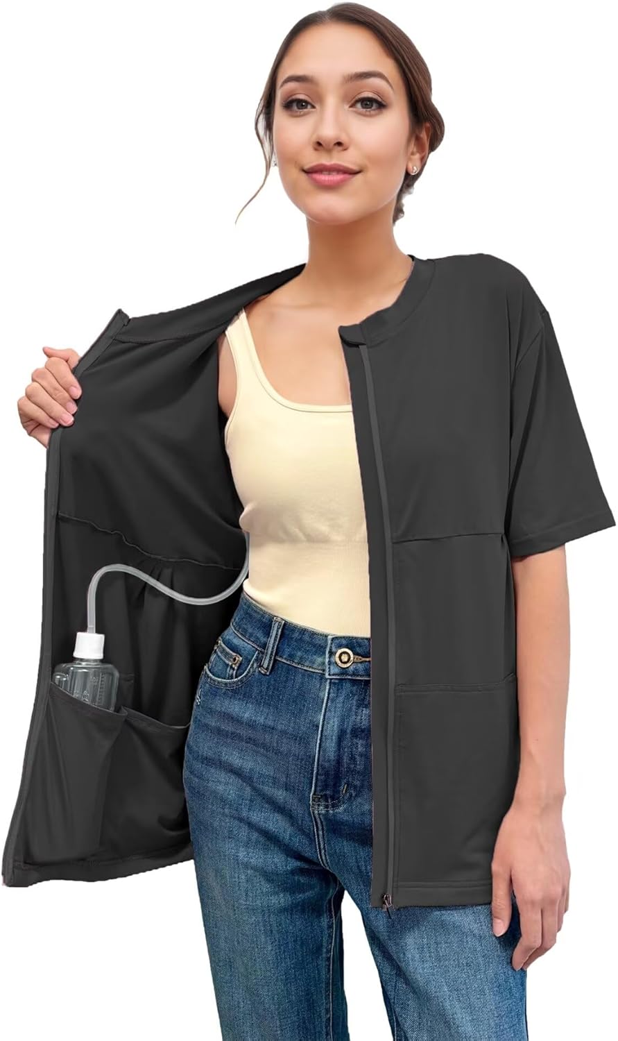 Youdiao Mastectomy Shirts with Drain Pockets Post-Surgery Must Haves Soft Full Front Zip-Up Short Sleeve Recovery Tops - Image 6