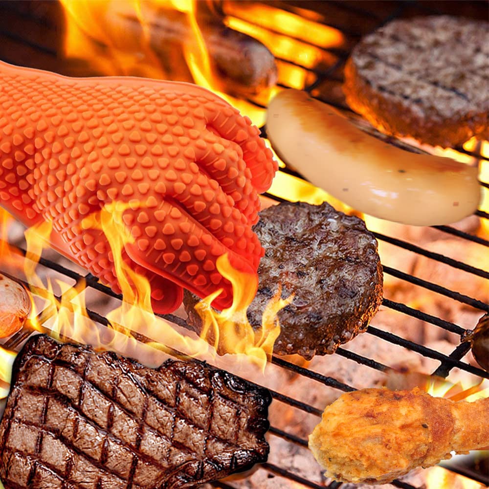 Guantes de cocina de silicona, guantes de barbacoa, cocina, manejo seguro de ollas y sartenes, barbacoa extremadamente resistente al calor, capa protectora interna de algodón, guante de horno