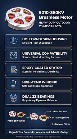 Brushless Motor, 5010-360KV 1PCS Metal Outdoor Big Load Multiaxis Thick Line Hollow Cover Double Bearing Brushless Motor (Positive Tooth)