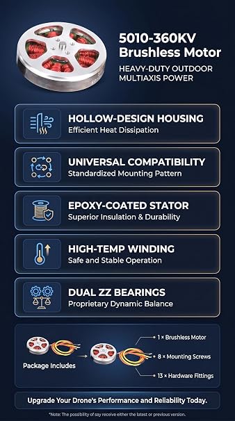 Brushless Motor, 5010-360KV 1PCS Metal Outdoor Big Load Multiaxis Thick Line Hollow Cover Double Bearing Brushless Motor (Positive Tooth)