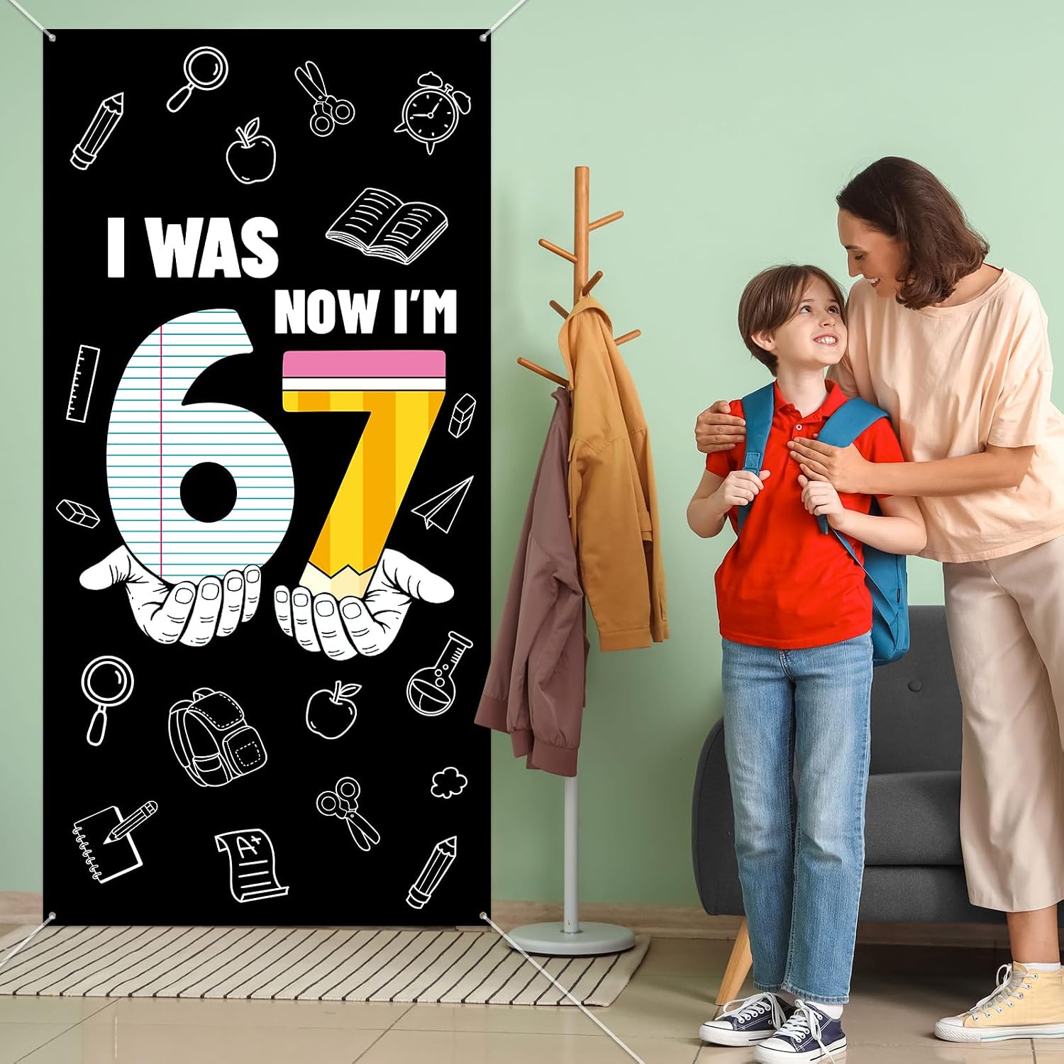 party greeting 6 7 School Door Cover Six Seven Birthday Party Decorations Back to School Decorations I Was 6 Now I'm 7 Birthday Backdrop Banner for Classroom Office Home Door Decor Parties Supplies