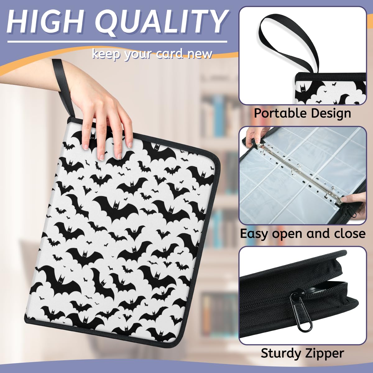 Raccoglitore per carte collezionabili con 9 tasche per Halloween con pipistrello, in bianco e nero, con sagoma di pipistrello, con maniche rimovibili, impermeabile, con cerniera, 50 pagine, capacità