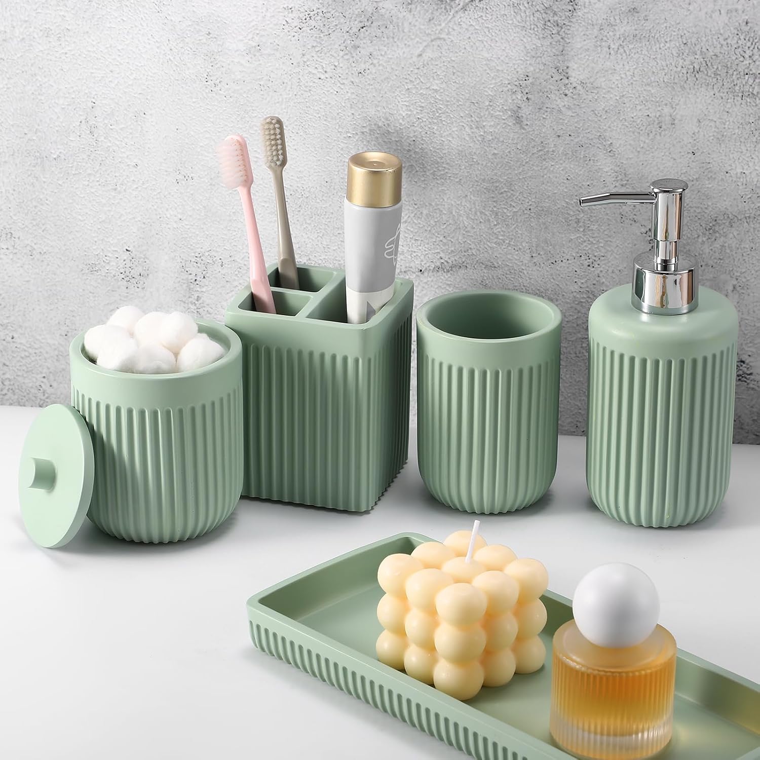 Resin Light Green Bathroom Accessories Set 5 Pcs, Lotion