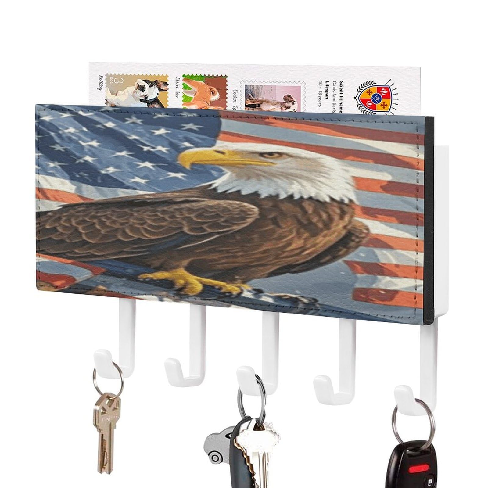 FekiLoot America Flag and Eagle Key Holder Wall Mount Key Hanger with 5 Hooks Decorative Key Rack Hanging Key Hooks with Mail Organizer Key Holder for Wall Living Room Kitchen Bathroom Hallway White