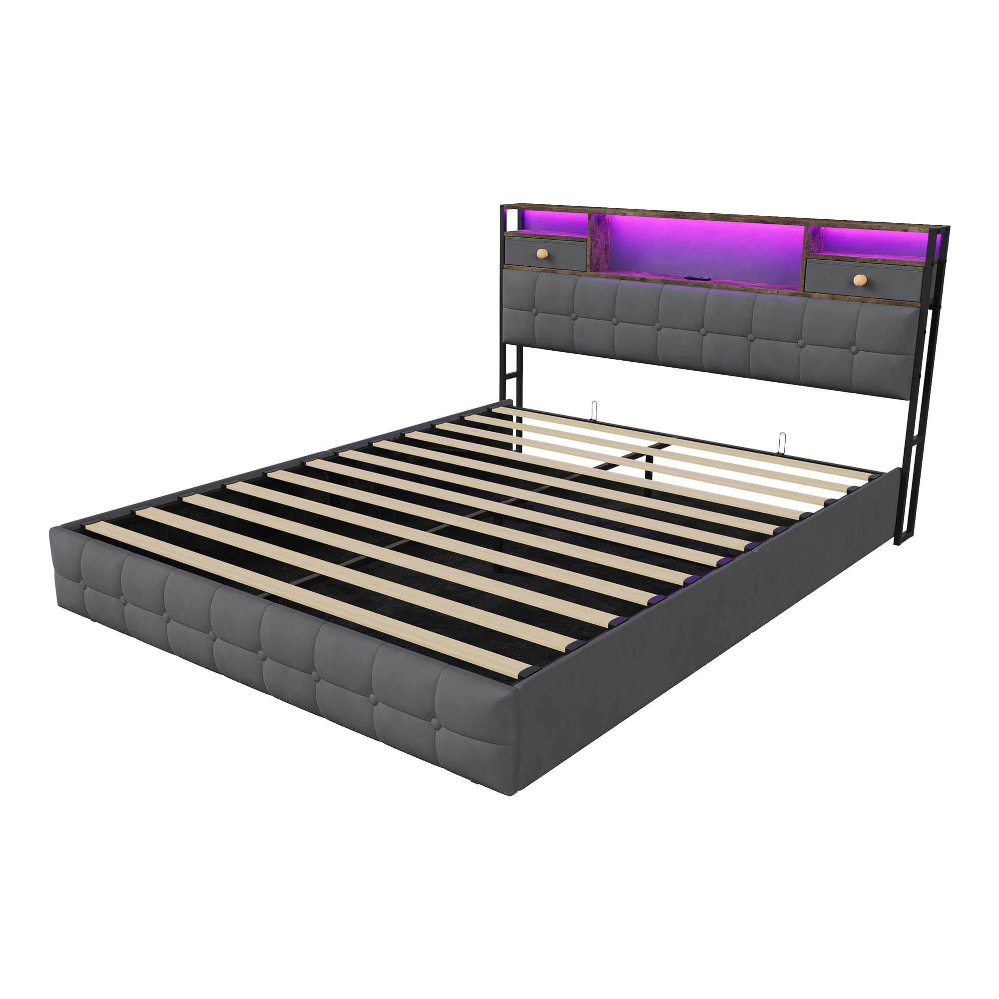 Cama maletero de 160 x 200 cm, LED/USB cama de 2 plazas, cabecera con 2 cajón, aplicable para familias, búsqueda de almacenamiento óptimo, privilegiante ambiente y espacio limitado (gris, 160 x 200 cm