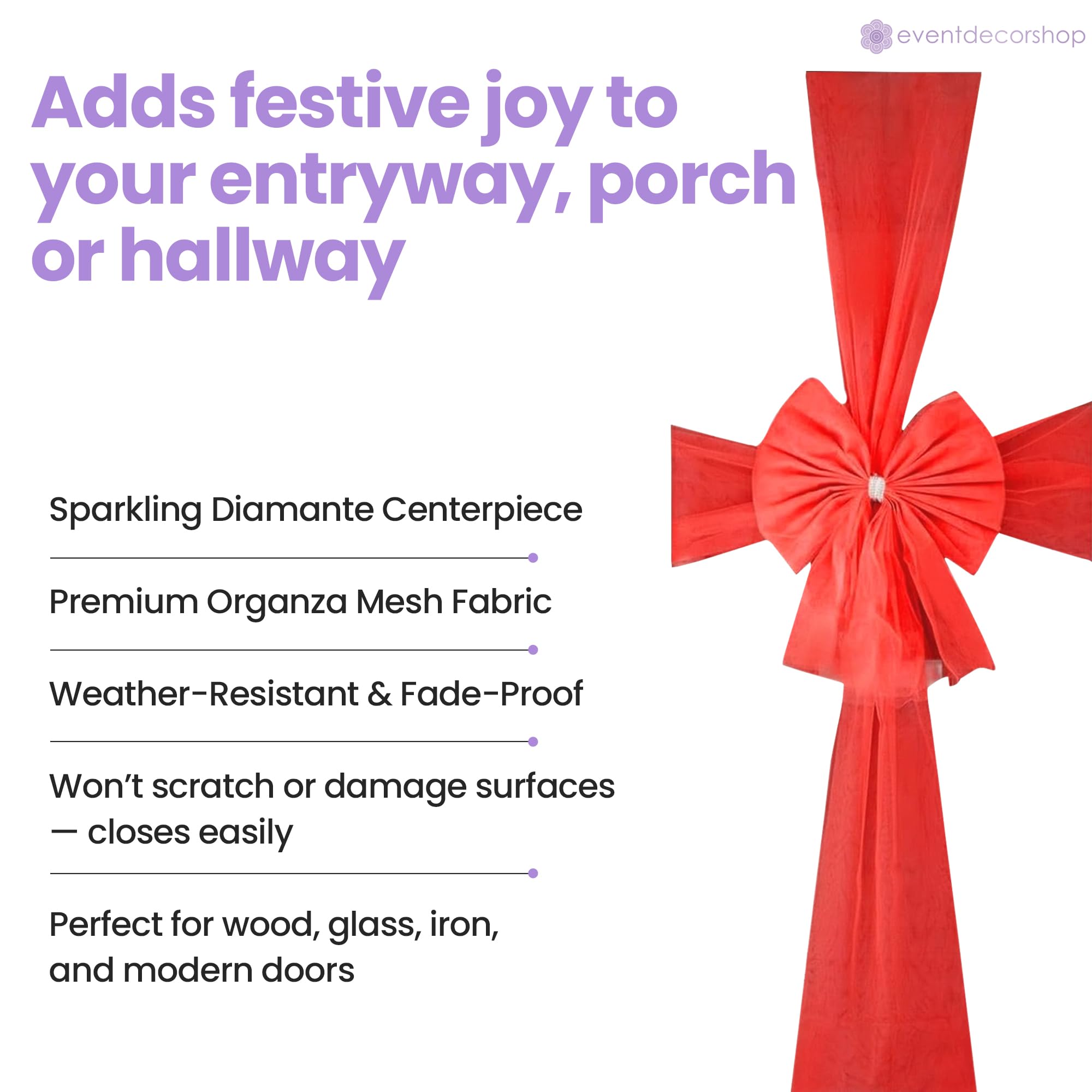 Event Decor Shop Duża czerwona kokarda do drzwi bożonarodzeniowych z diamentem – 7,5 m siatka organzy do drzwi wejściowych na Boże Narodzenie, ślub, baby shower i uroczystości, świąteczna dekoracja