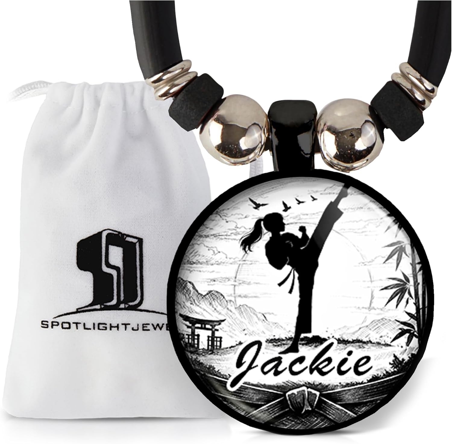 Personalized Karate Martial Arts Necklace with Custom Name, Taekwondo Kick Silhouette Glass Pendant, Unique Gifts for Boys & Girls