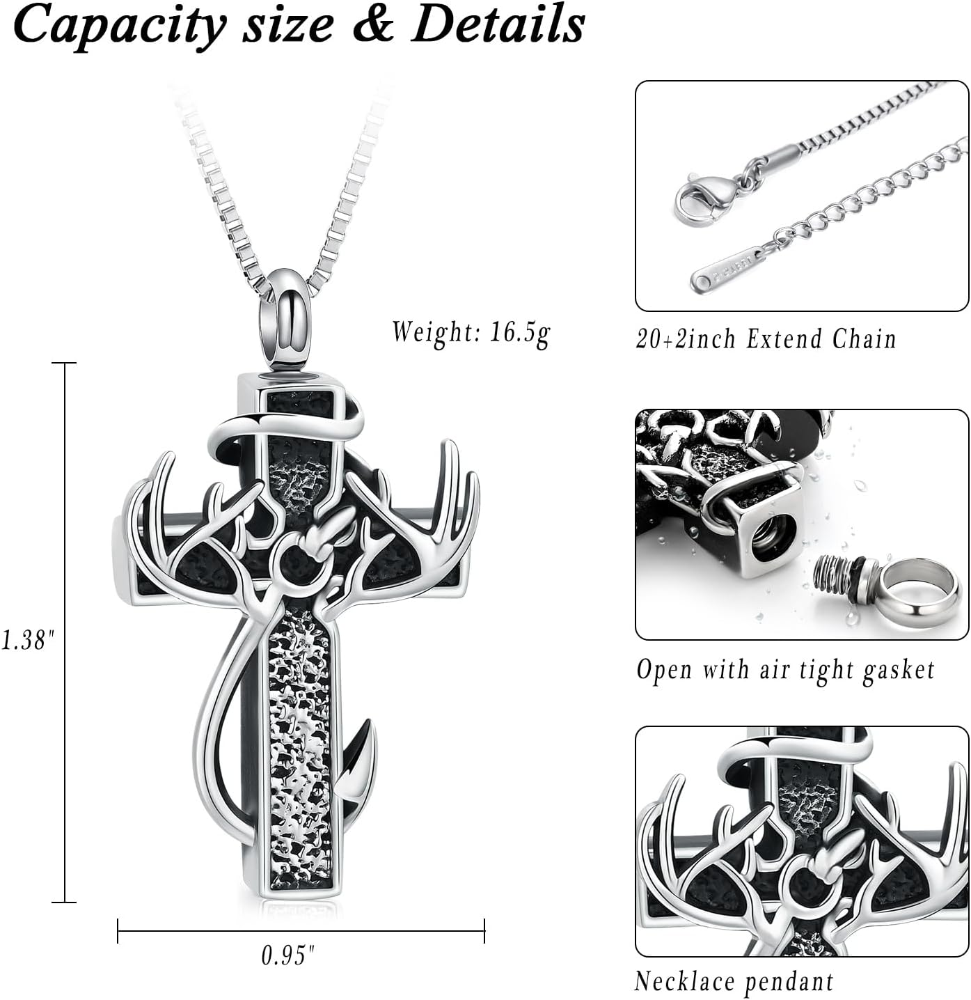 XSMZB Cross Cremation Jewelry Urn Necklace for Human Ashes Fish Hook Memorial Urn Pendant Deer Antler Cross Ashes Holder Keepsake Jewelry - Image 2