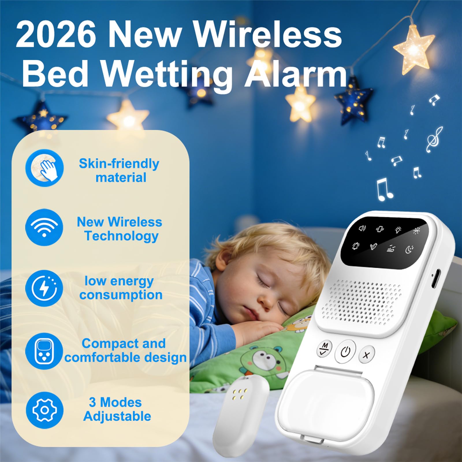 2026 New Wireless Bed Wetting Alarm for Boys & Adults – Moisture Sensor with White Noise Sleep Aid, Rechargeable, Vibration/Sound Alert, Night Light, USB-C – Enuresis Alarm for Bed Wetting Training — view 2