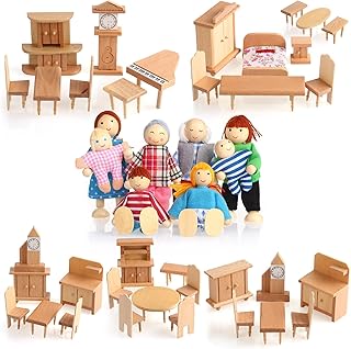 42 Pieces Miniature Wooden Dollhouse Furniture Doll House Furnishings Include 8 Pieces Wooden Doll Family Set Dollhouse Accessories 1/12 Playhouse Wood Miniature Toy Family Figure Imaginative Play Toy