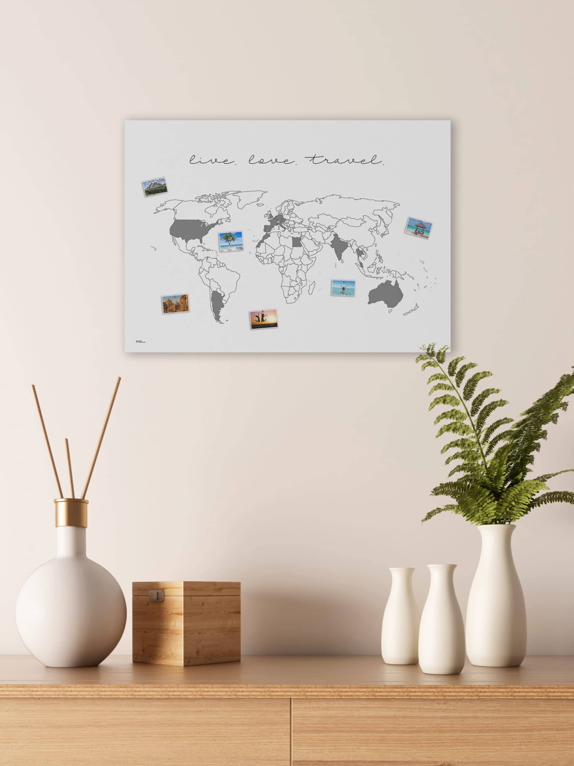 Mapa świata live.love.travel. - Mapa świata do przypinania, wspaniały prezent, ekologiczna, ręcznie wykonana w Niemczech, ultralekka (plakat na płótnie, 60 x 40 cm)