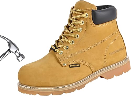 Botas de seguridad de trabajo con punta de acero para hombres, zapatos de trabajo anchos cómodos, de cuero duradero, antideslizantes, resistentes al