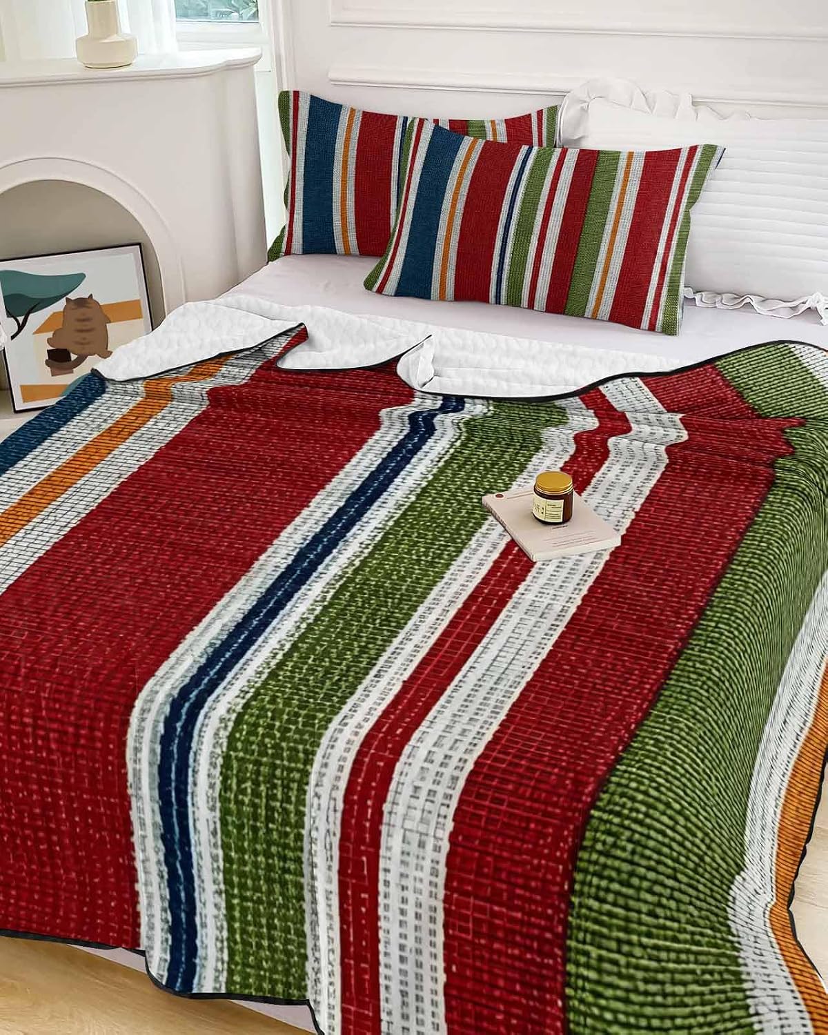 King Size Quilt Set, Colorful Stripes Weaving Texture Lightweight Bedspread Coverlet Set Soft Microfiber Summer Quilt with 2 Pillow Shams, Farm Red Blue Green Lines 3 Piece Comforter Bedding Set