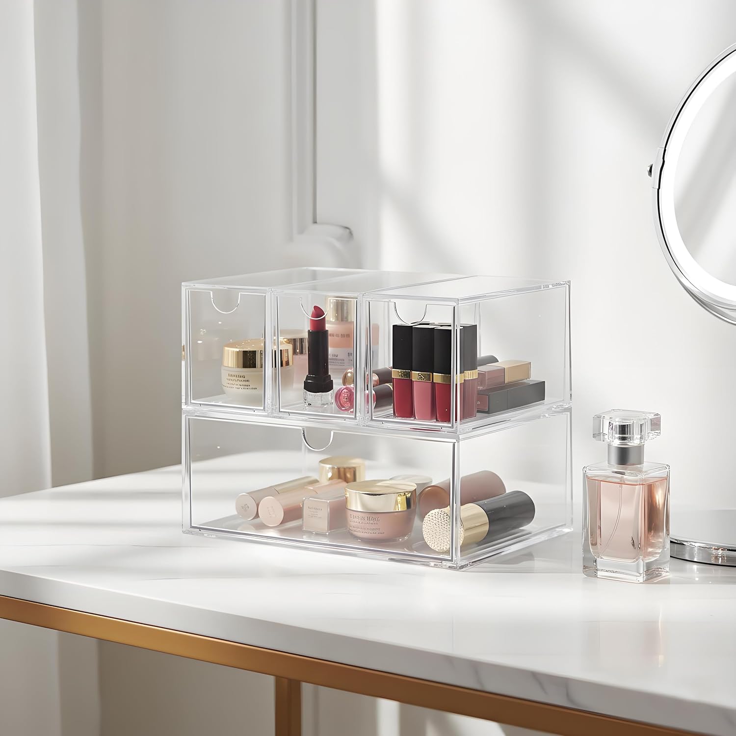 Coffee Pod and Tea Bag Organizer Drawer – Crystal-Clear Acrylic Tea Bag Drawer, Easy to Clean & Stackable for K-Cups, Tea, Sugar Packets in Office, Gym & Kitchen Cupboard (4-Pack)