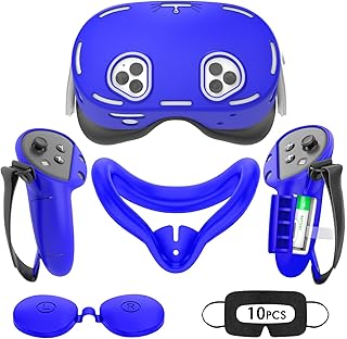 Tyasoleil Accessories for Oculus Quest 3S, Silicone Cover Set for Meta Quest 3S, VR Accessory Set, Include Controller Grip Leather Cover, VR Shell Cover, Face Cover, Lens Cover (Blue)