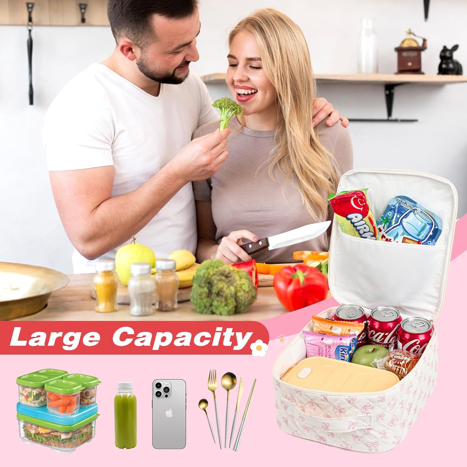 Aileam Lunch Box Lunch Bag for Women Cute Girls Insulated Womens Lunch Bag For Work Quilted Large Capacity Reusable Insulated Cooler for Work School Picnic Travel, Pink Bow - Image 2