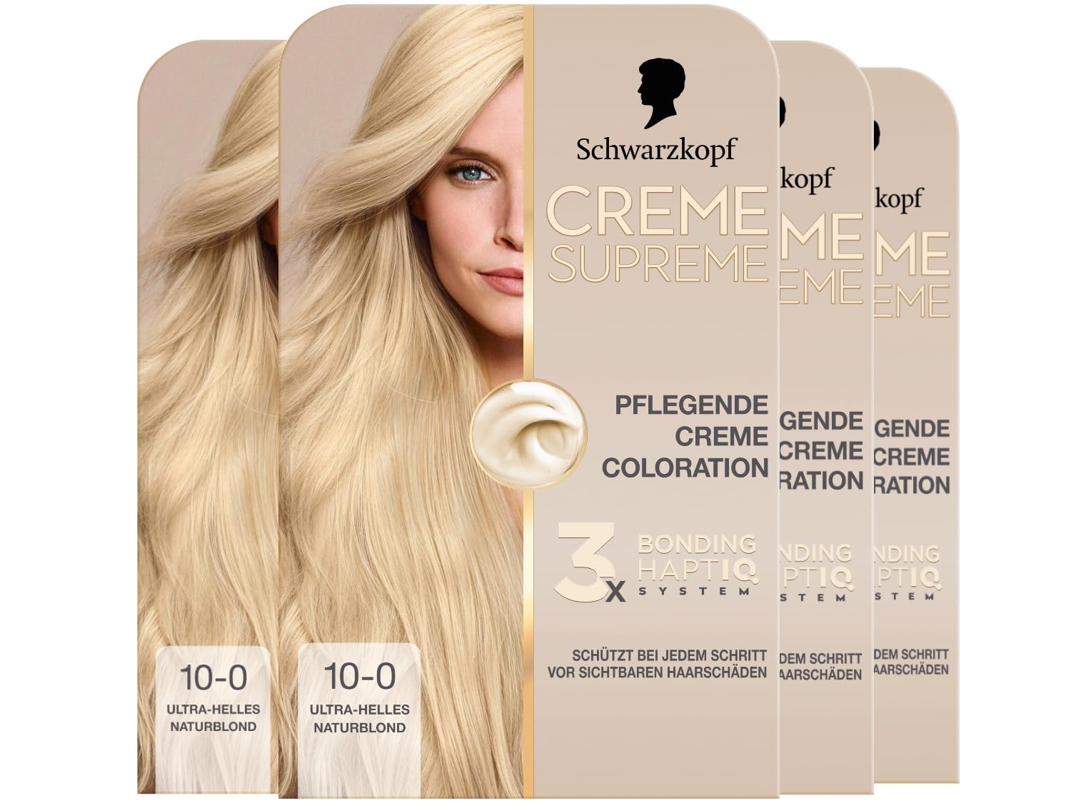 Schwarzkopf Creme Supreme Coloration 10-0 Ultra-Helles Naturblond (4x 182 ml), dauerhafte Haarfarbe mit Serum und Haar-Maske schützt vor sichtbaren Haarschäden, für 100% Grauabdeckung