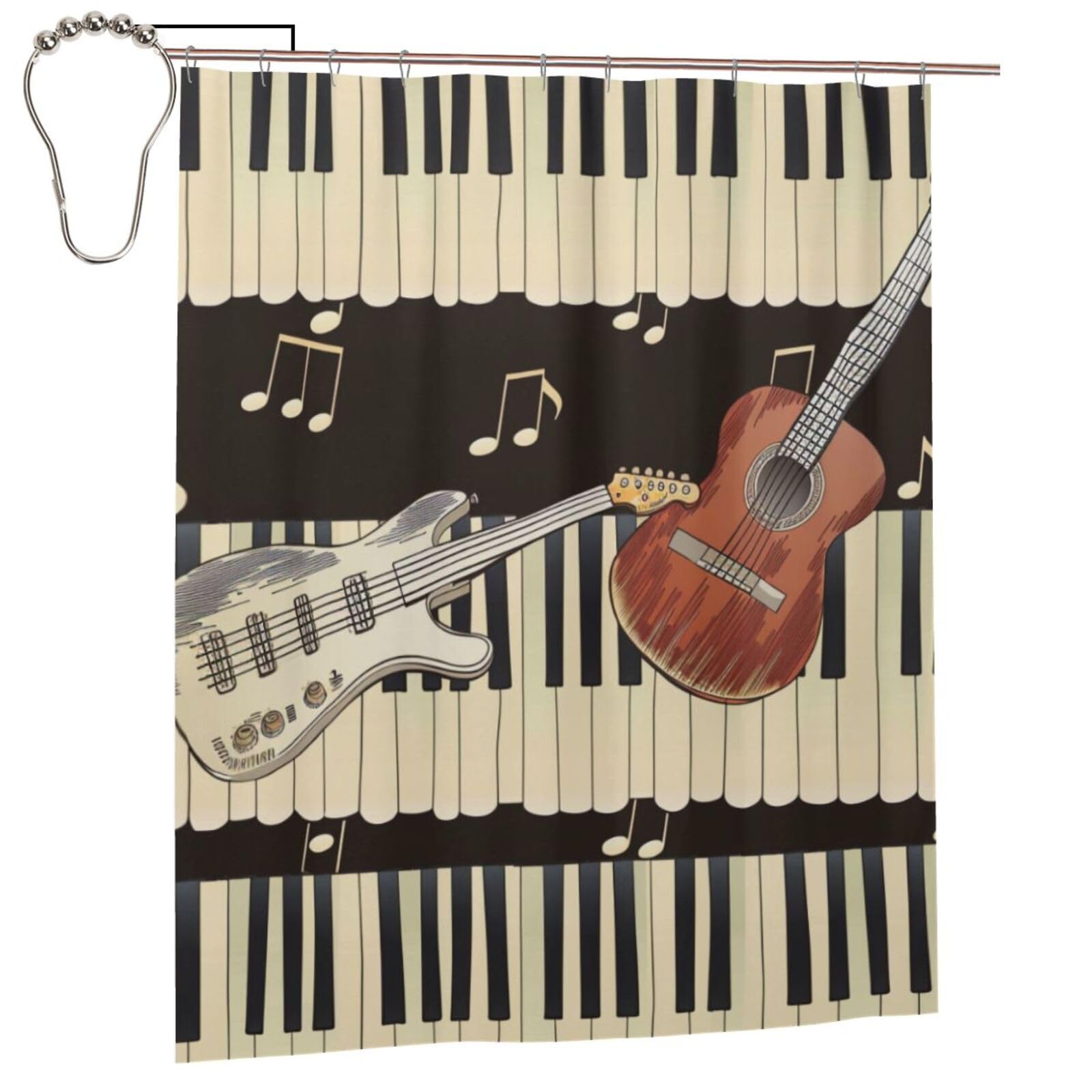 BWWHCCTI Guitar Piano Pattern Printed Shower Curtain With 12 Iron Hooks Opaque Quick Drying Waterproof Shower Curtains Sets For Bathroom 152x183 Cm