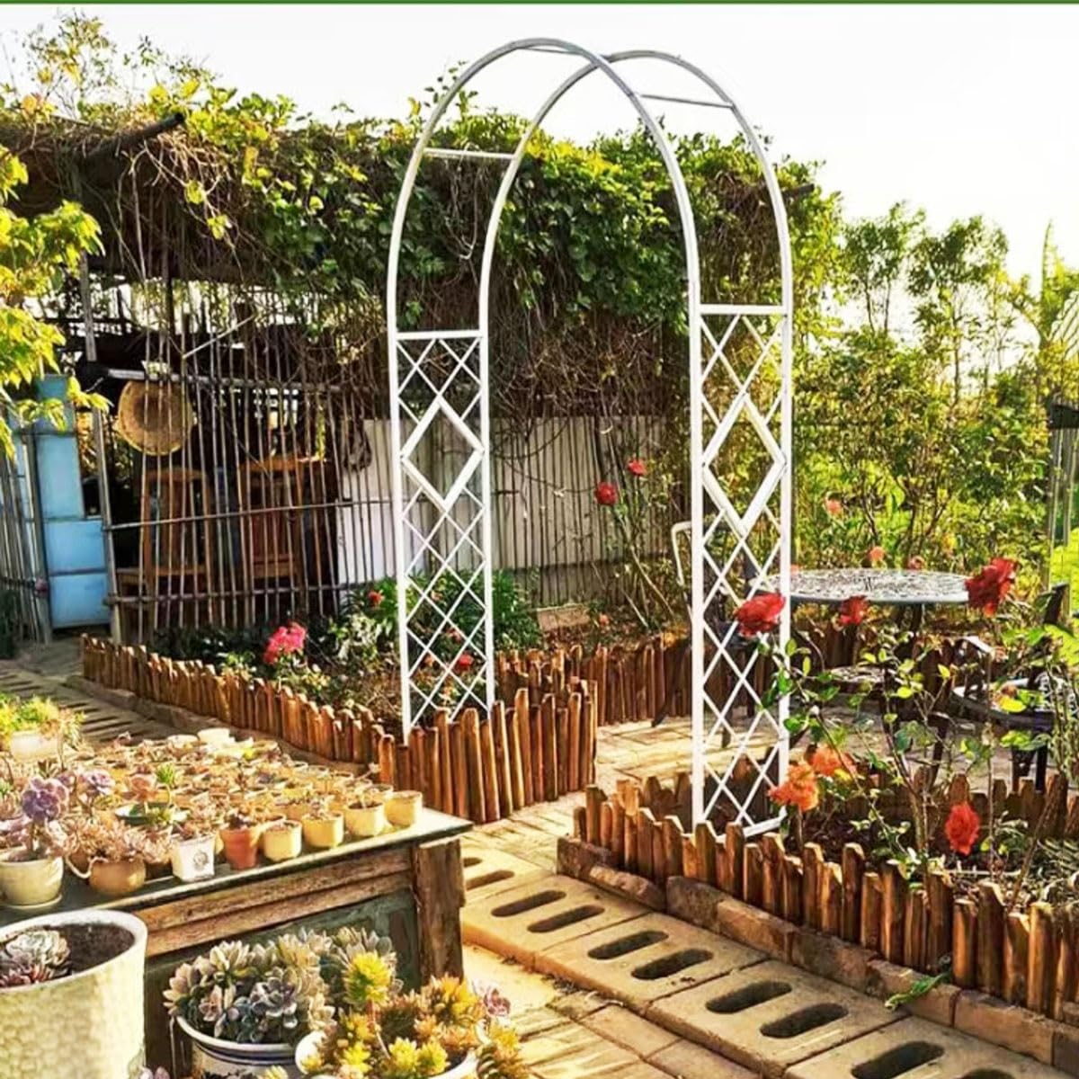 Wytrzymały metalowy łuk ogrodowy do roślin pnących, odporny na warunki atmosferyczne, żelazna pergola, krata, na trawnik, dekoracje ślubne (biały, 2,6 m)