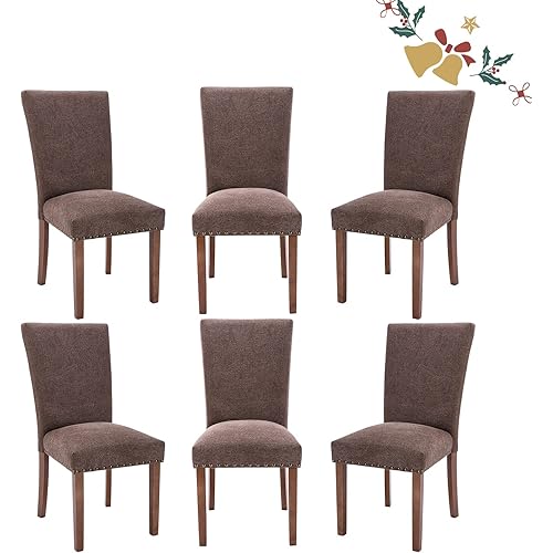 Parsons Dining Chairs Set of 6, Upholstered Nailhead Dining Room Kitchen Side Chair with Thick Cushions and Wood Legs, Brown