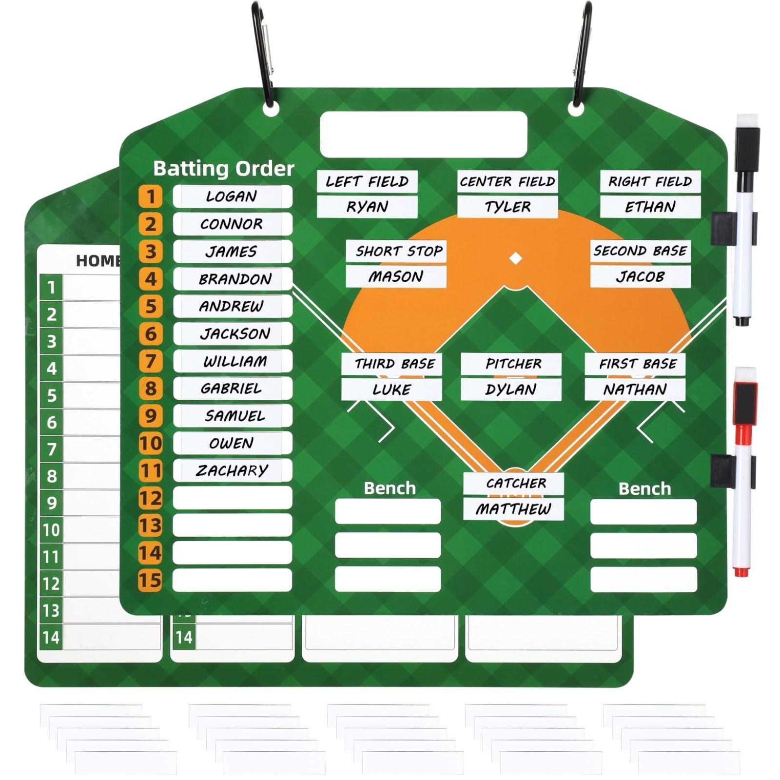 Baseball-Aufstellungsboard, 12,6 x 11 Zoll, doppelseitige Taktiktafel mit 30 haftenden Streifen und 2 Stiften, tragbares Softball-Board für Schlagreihenfolge und Feldpositionen