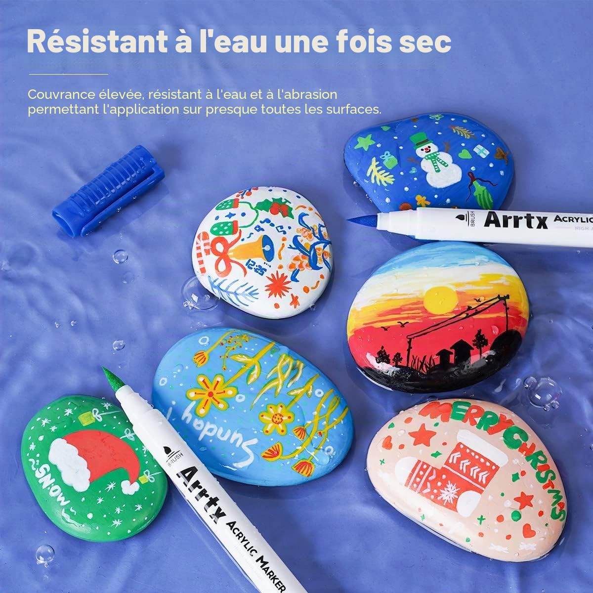 Arrtx 30 couleurs de crayons acryliques imperméables pour peindre à l'eau, pointe du pinceau, séchage rapide, stylos acryliques pour Roche, Bois, métal, Plastique, Verre, Toile