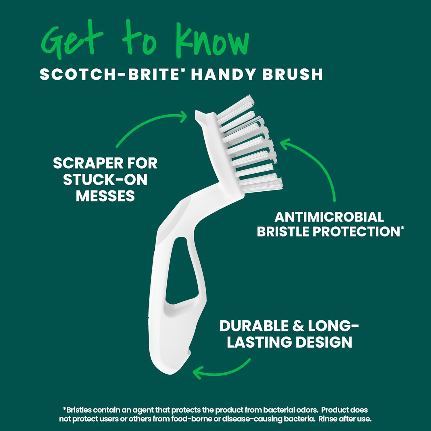 Scotch-Brite Handy Brush, Small and Durable Dish Brush with Handle for Scrubbing Hard-to-Reach Cookware, Tubs, Sinks, Car Tires, and More without Scratching, Antimicrobial, and Rinses Clean