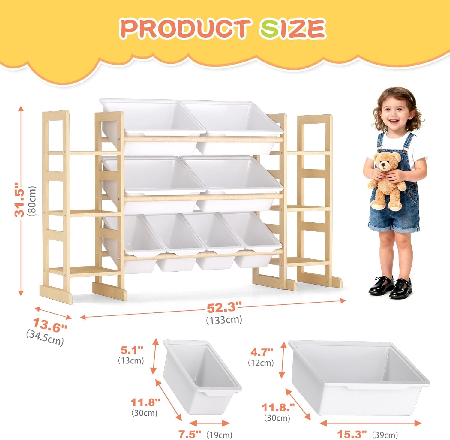 Wooden Toy Storage Organizer for Kids, Multi-Tier Toy Organizer with Bins & Side Montessori Bookshelves, Sturdy Natural Wood Playroom Storage Solution for Toys, Books, Games