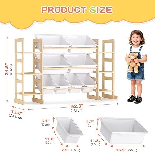 Miniatura 2 de Organizador de almacenamiento de juguetes de madera para niños, organizador de juguetes de varios niveles con contenedores y estantes laterales