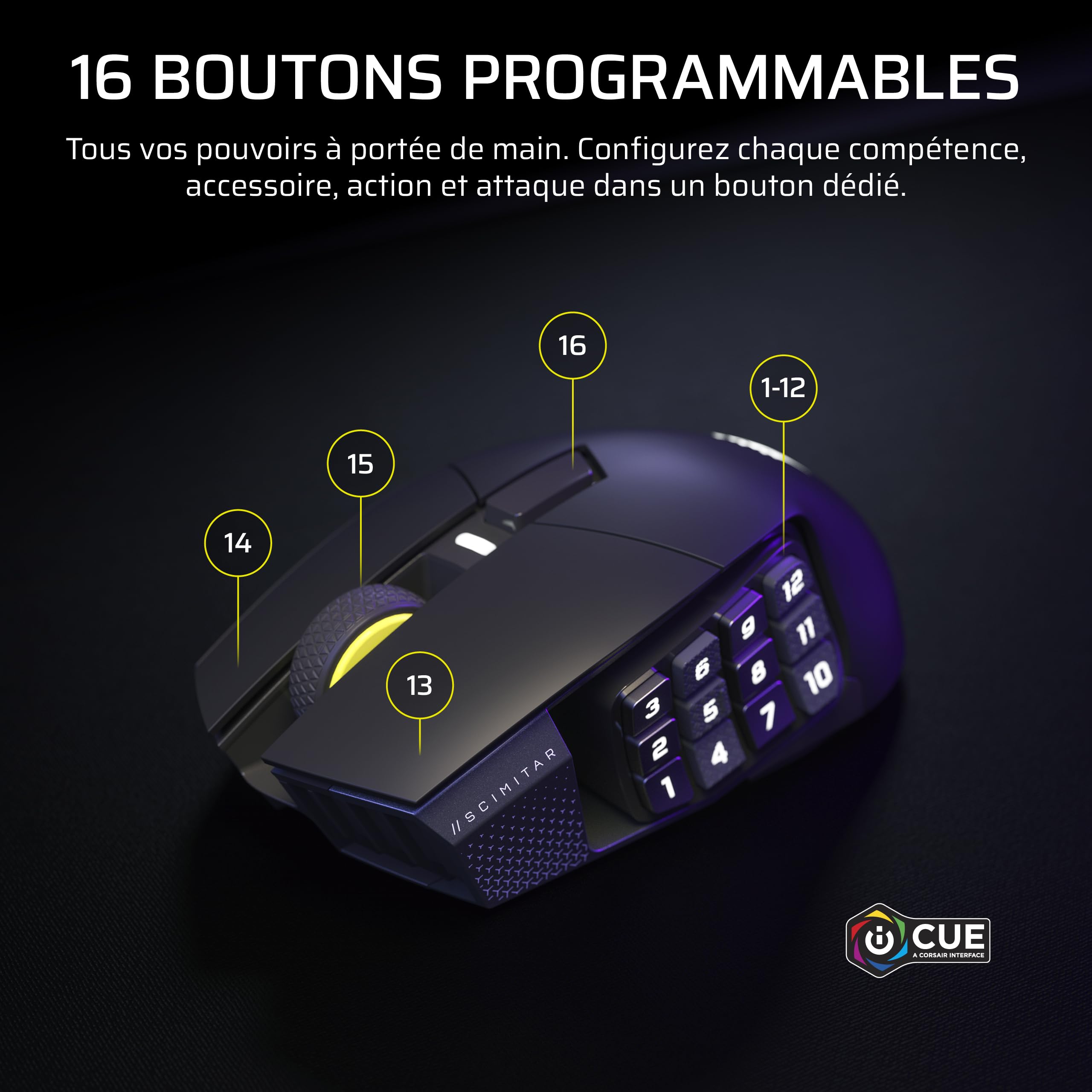 Corsair Scimitar Elite Wireless SE MMO Souris de Jeu, 33 000 DPI – Gunmetal | 16 Boutons Programmables, Adjustable Key Slider, Elgato Virtual Stream Deck, 1K Hyper-Polling, Jusqu'à 150h de Batterie