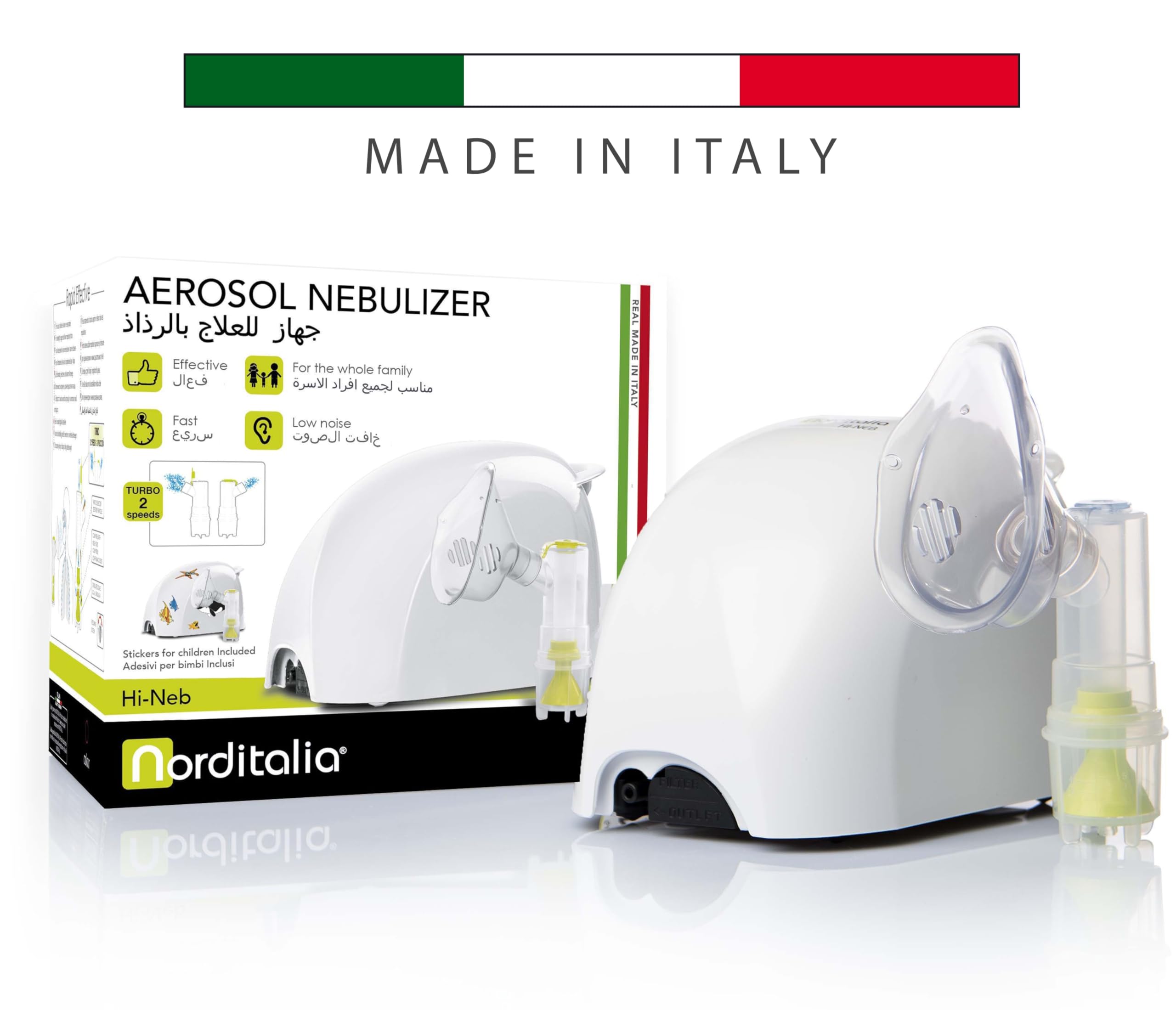 NORDITALIA, Hi-Neb Aerosol per Bambini, Compatto, Made in Italy, Bianco | Sticker per Bambini e Borsa di Trasporto