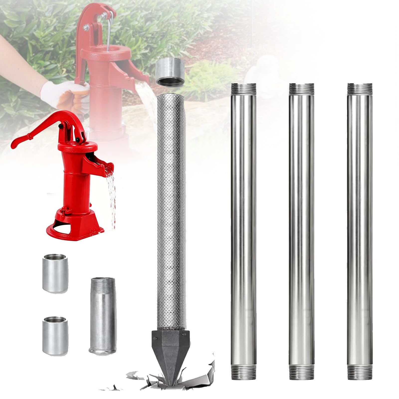 ZyKnaurral DIY Sand Point Well Kit,Heavy Duty 1-1/4" Drive Point with 60 Gauge Mesh to Clean Water, 36" Shallow Well Drilling Kit for Drive Sand Point Well& Soft Soil Well WithWaterPump-3+1kit