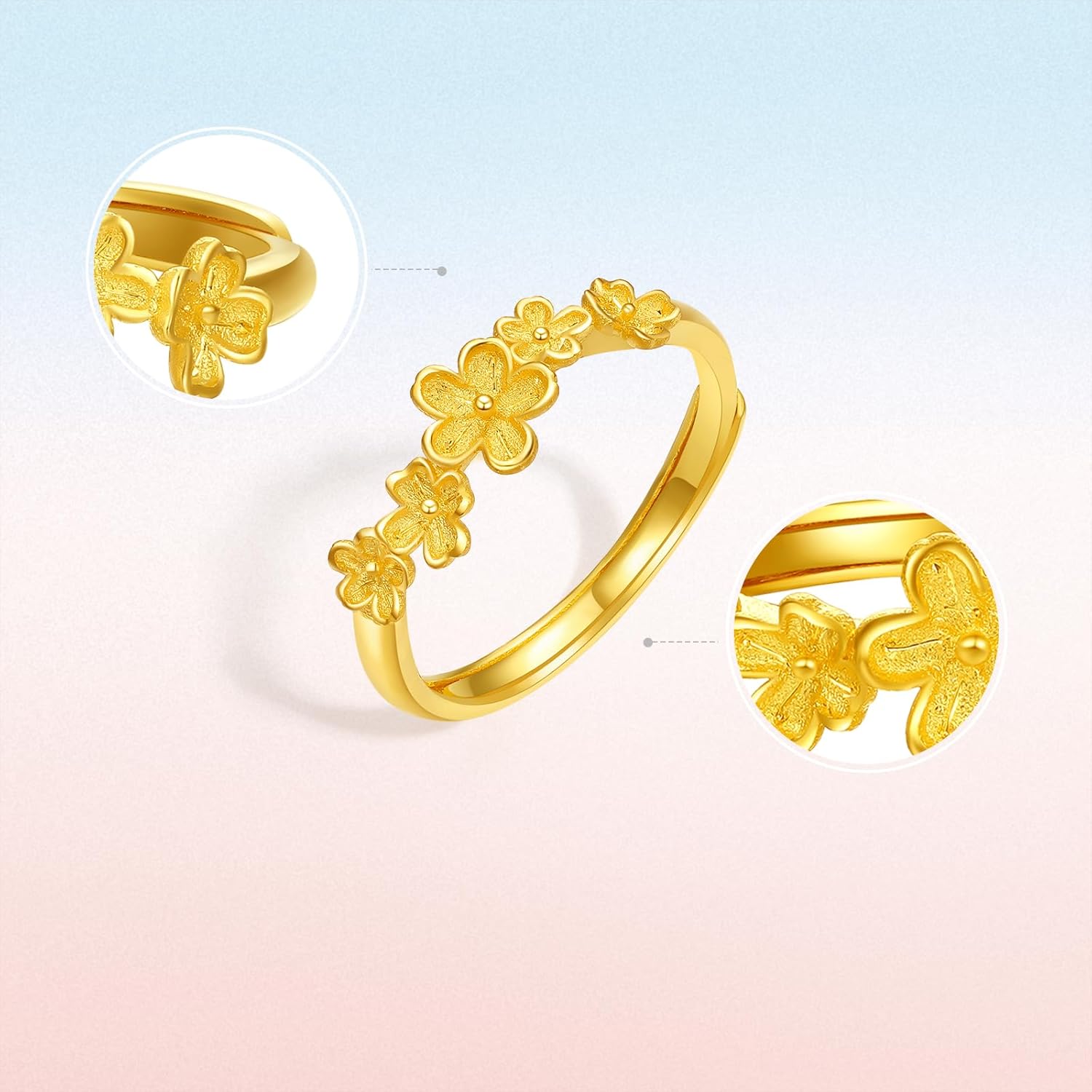 24K Solid Gold Floral Ring for Women, Adjustable Flower Style Ring Jewelry Gifts Girlfriend Rings Wedding Anniversary Engagement A0112983 - Image 6