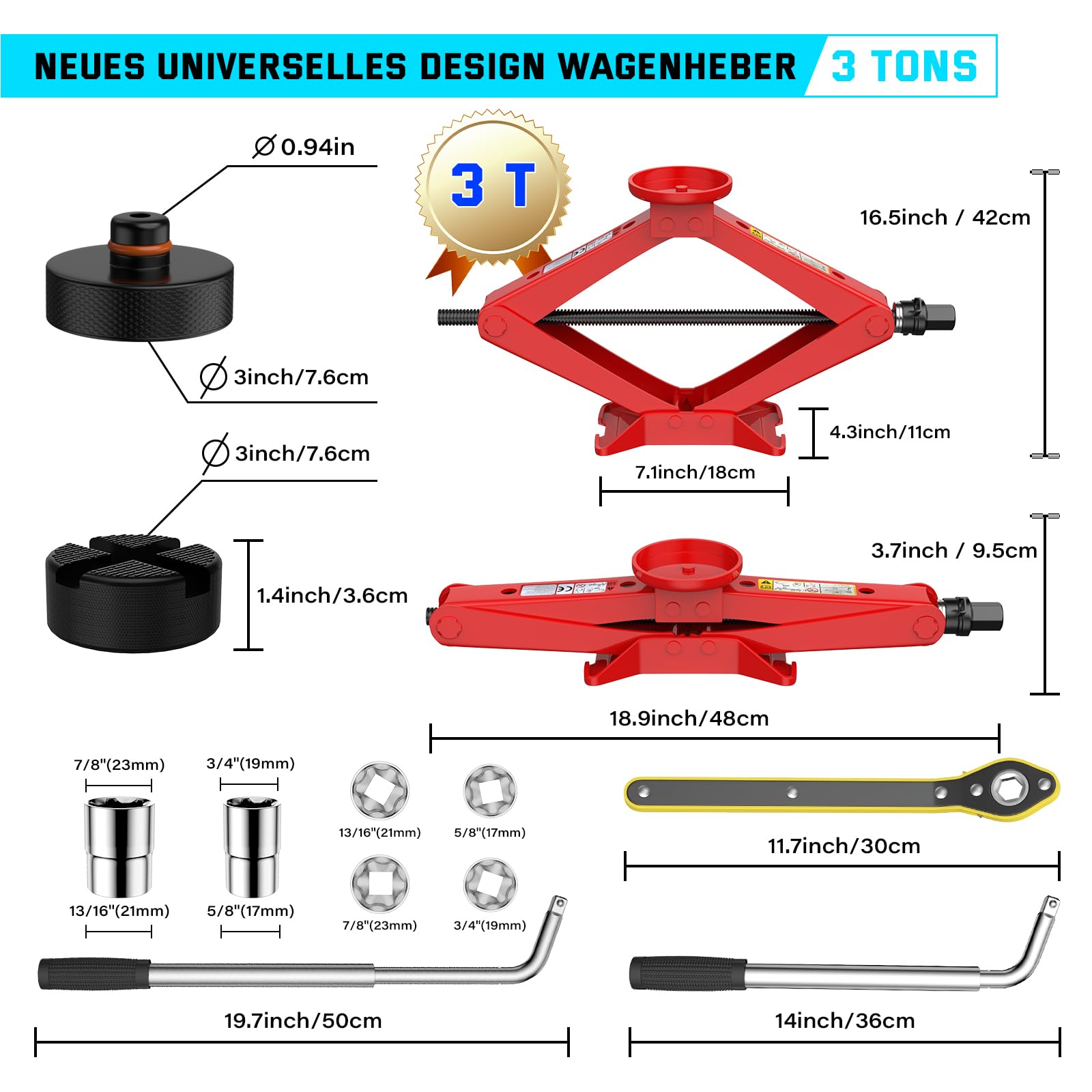 IMAYCC Nuevo Gato para Coche3T/3000kg, Kit de Gato Coche Universal con 2 Piezas Bloque de Goma, Portátil Kit de Emergencia con Llave de Tuercas de Rueda para SUV MPV Tesla