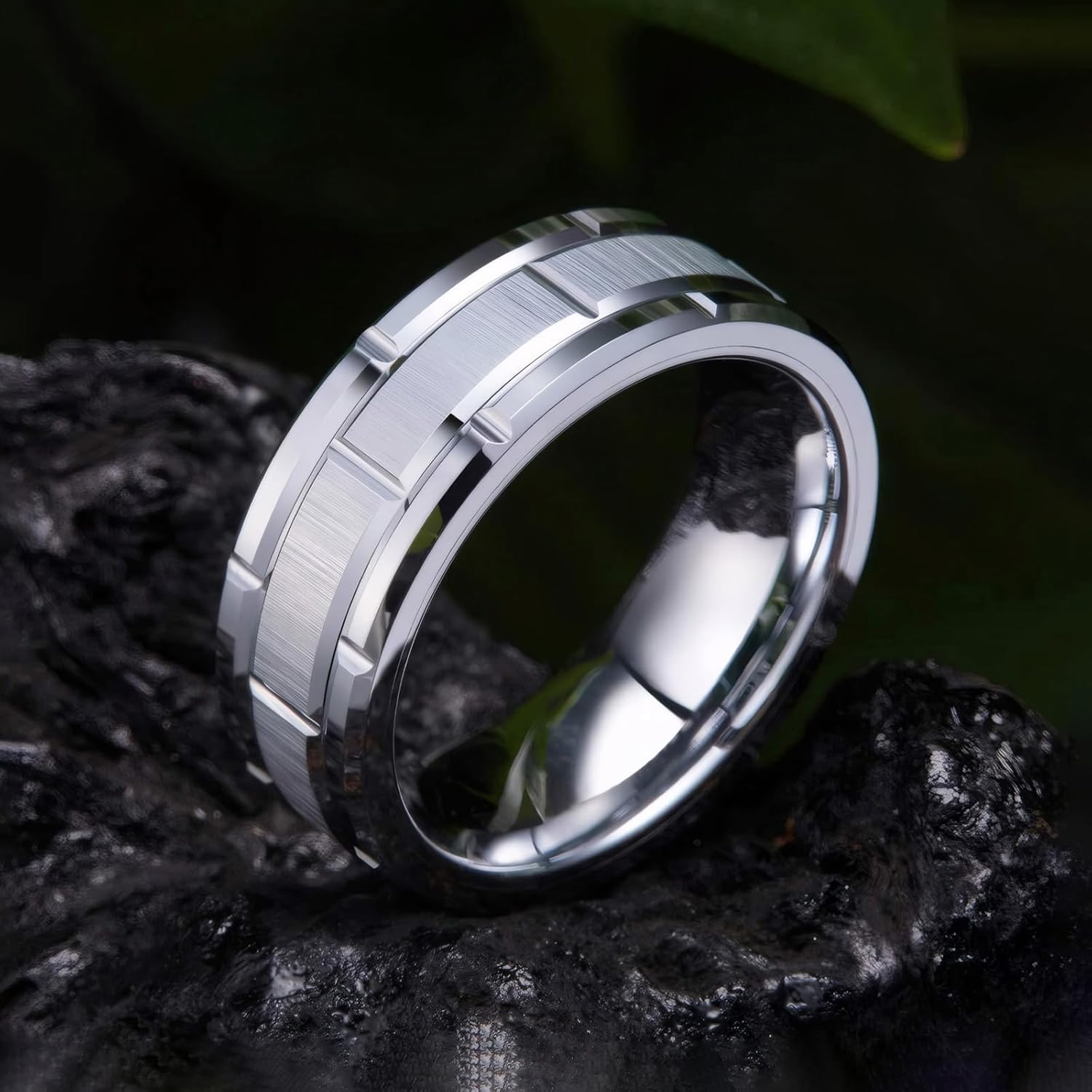 Mens Wedding Bands 8MM Silver/Black Titanium Men's Ring Brick Pattern Grooved Center Wedding Ring Engagement Band Matte Brushed Finish Polished Beveled Edge Comfort Fit Jewelry Gifts Size 6-13 - Image 9