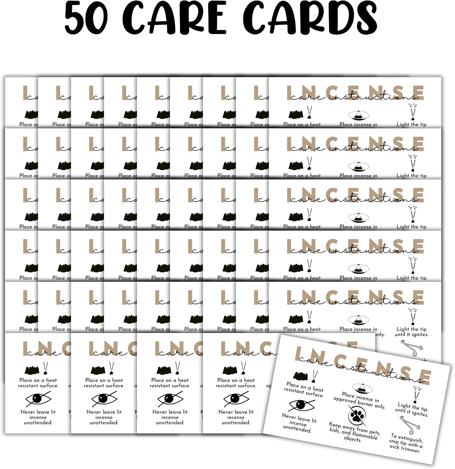 Incense Care Instruction Cards | 50pk 2x3.5” Client Minimalist How to Use Stick Burner Tray DIY Template Packaging Inserts Warning Labels Scents