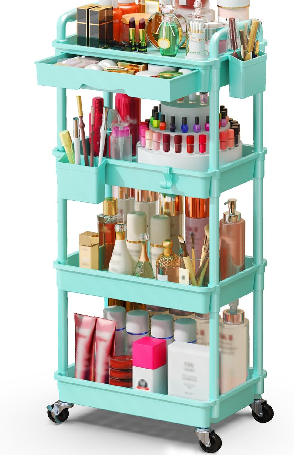 SUNALLY Makeup Cart Organizer with Drawers, 4 Tier Floor Skincare Organizers for Vanity, Rolling Makeup Bathroom Storage Cart Cosmetics Display Cases for Skin Care Perfume Nail Polish, Blue