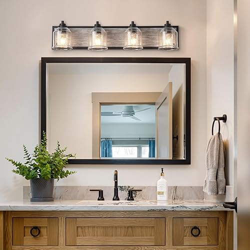 Vista 8 de Luces de tocador para baño grandes de 31.5", lámpara de tocador rústica de granja con pantallas de vidrio burbuja, gris, accesorio de iluminación